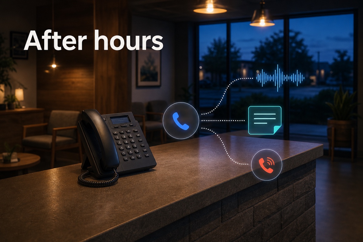 An empty small-business reception at dusk with a call path branching toward an answer, a message, and an escalation phone.