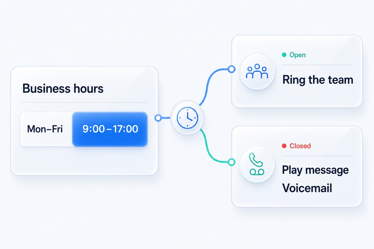 A glossy weekly business-hours schedule connects to an open team route and a closed message and voicemail route.