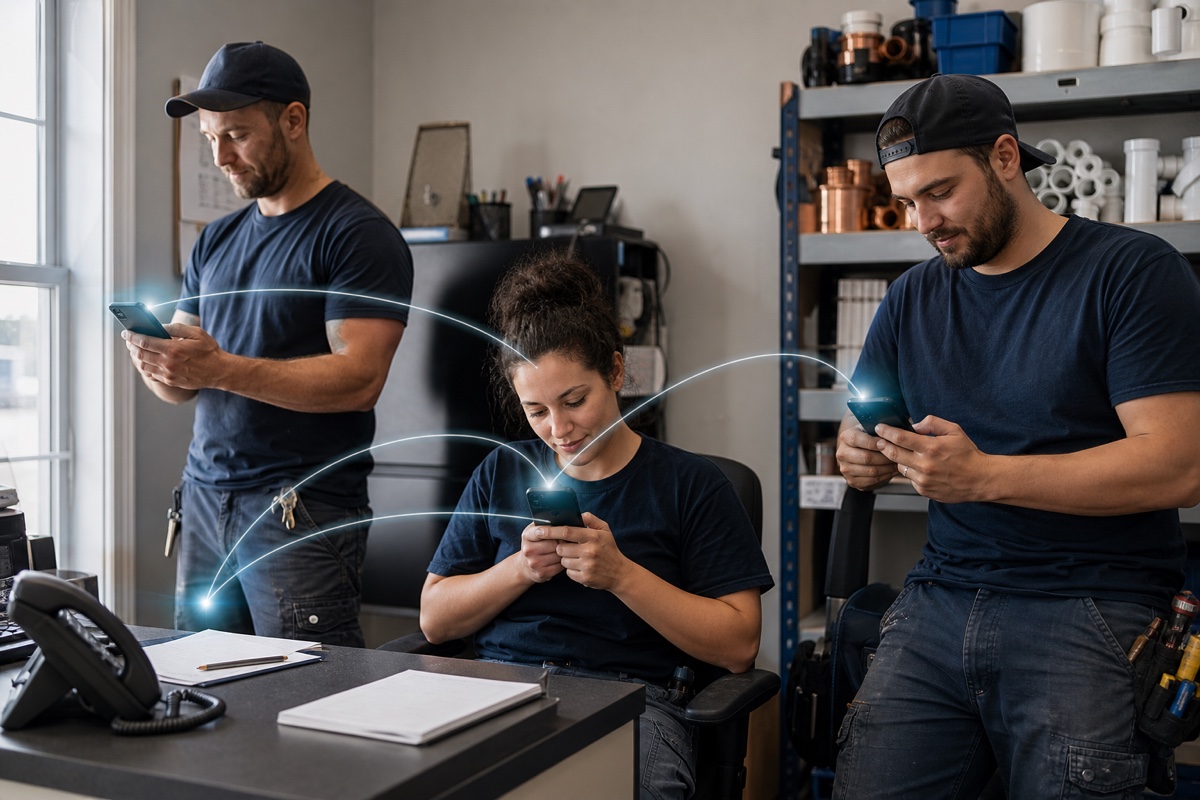 A small service-business team receiving one shared incoming business call on the phones they use at work.
