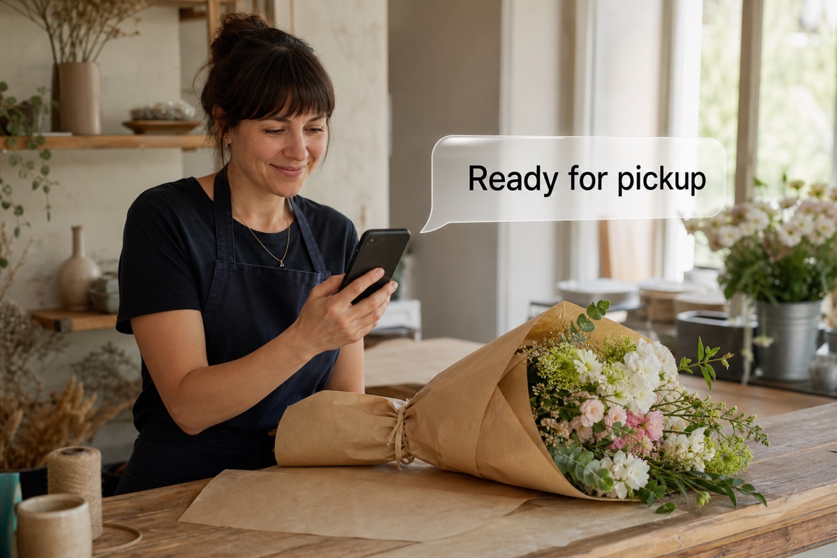 A small retail owner sending a concise customer update from a real phone with one translucent message bubble.