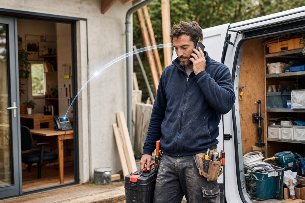 A field technician answering a mobile phone as a call travels from an office phone to the device already in use.