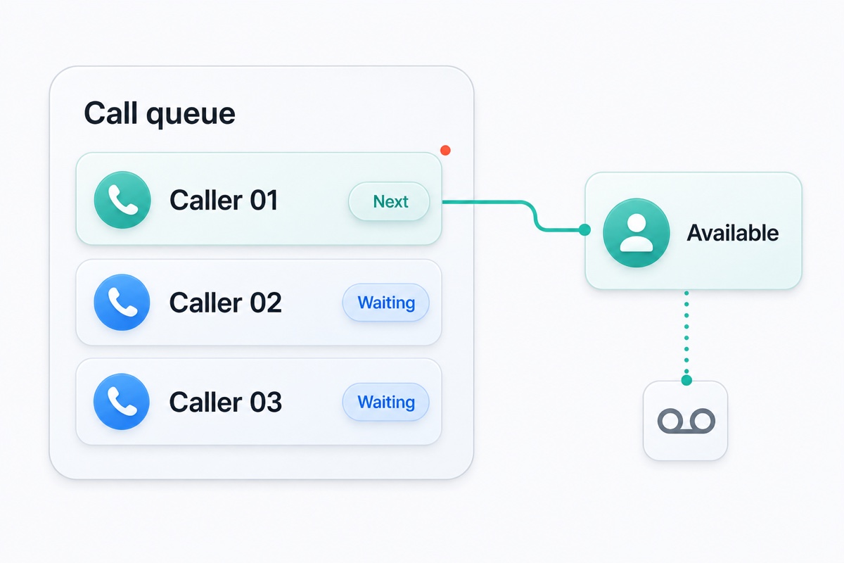 A glossy call queue holds three callers in order and sends the next caller to an available teammate.