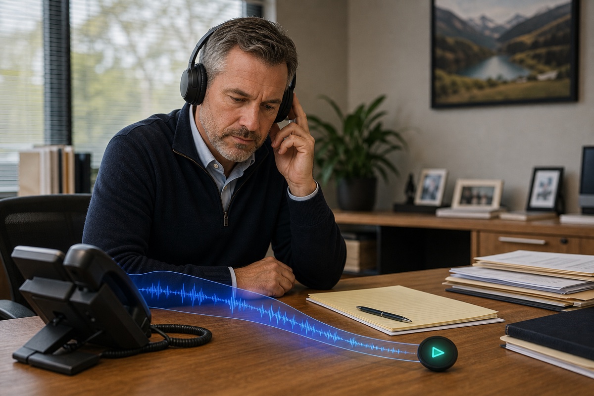 A service manager listening through headphones with a simple playback line and call waveform above the desk.