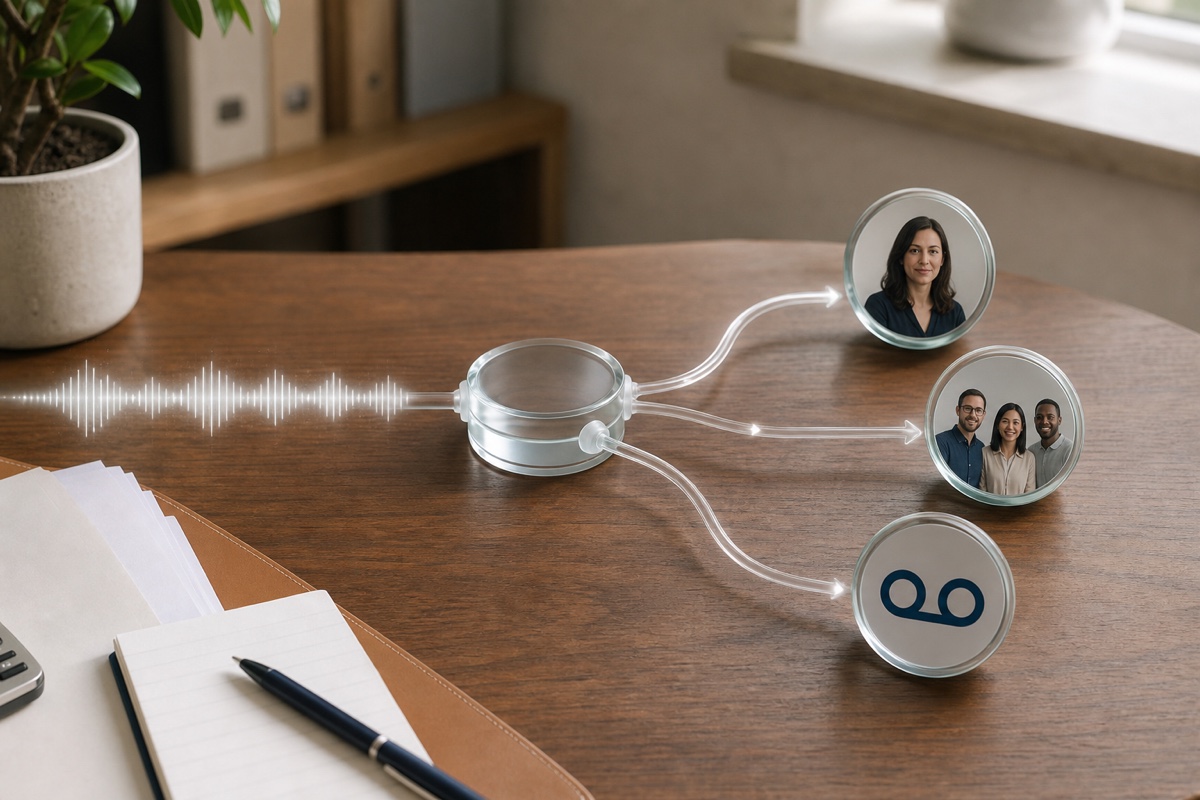 One incoming call passing through a clear junction and branching toward a person, a team, and voicemail.