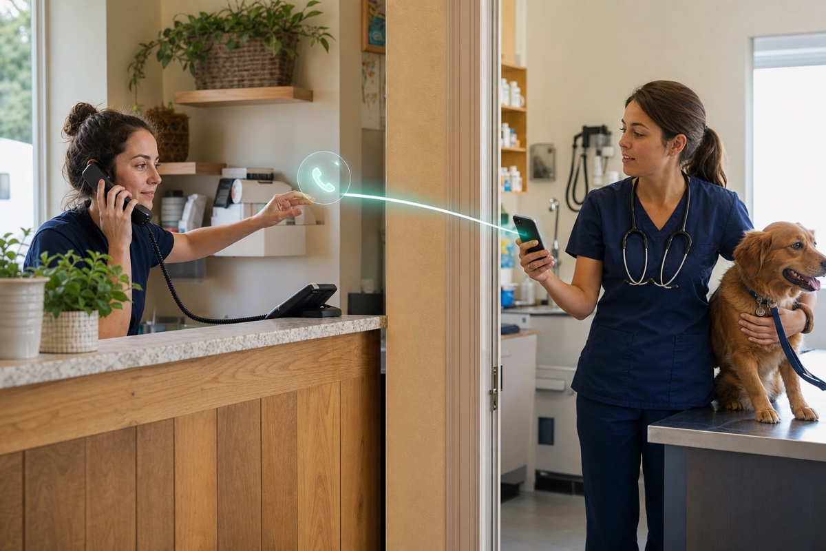 A receptionist moving an active customer call along a clear connecting path to an on-duty specialist.