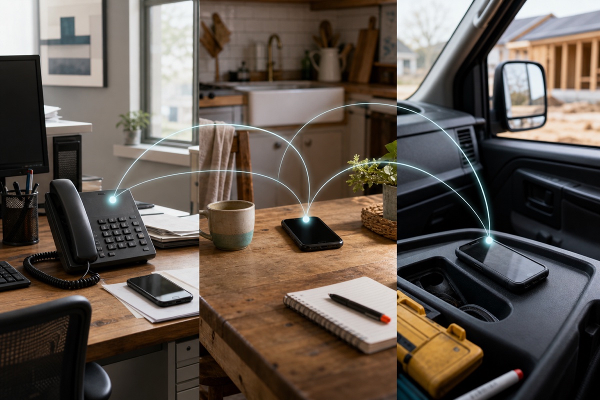 An office, home workspace, and service van connected by restrained business call paths.