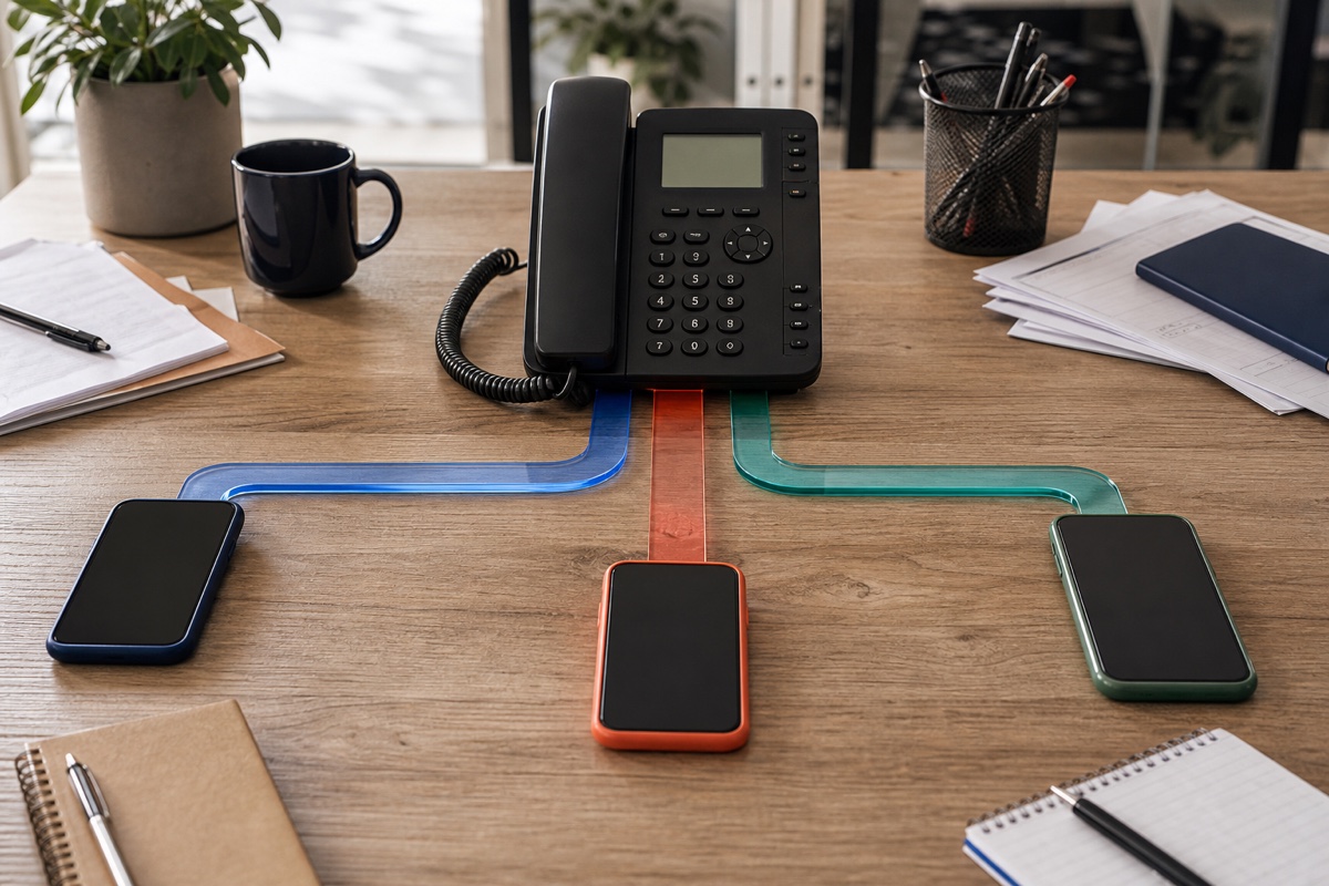 One business phone line branching into three simultaneous call paths that reach separate team devices.