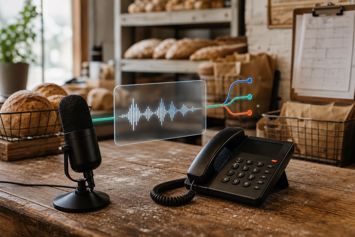 A tabletop microphone and business phone connected by a restrained announcement waveform in a neighborhood bakery.