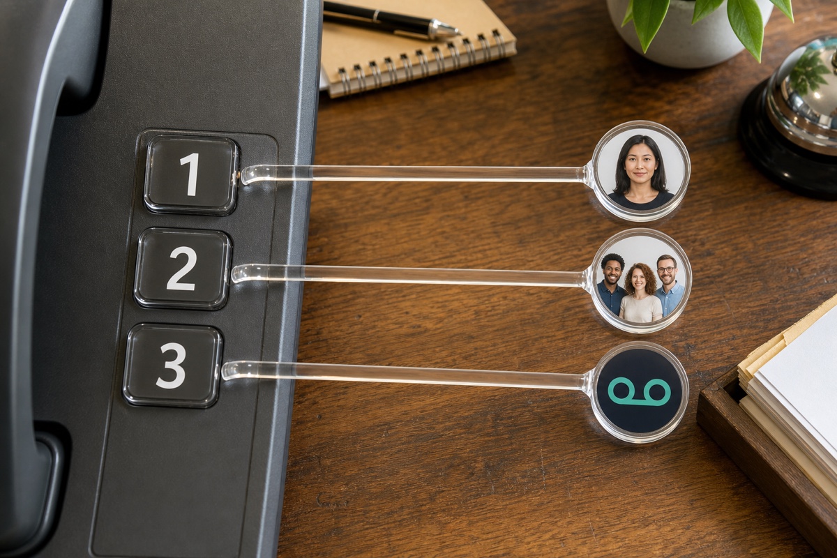 A physical phone keypad with three numbered choices connected to a person, a team, and voicemail.