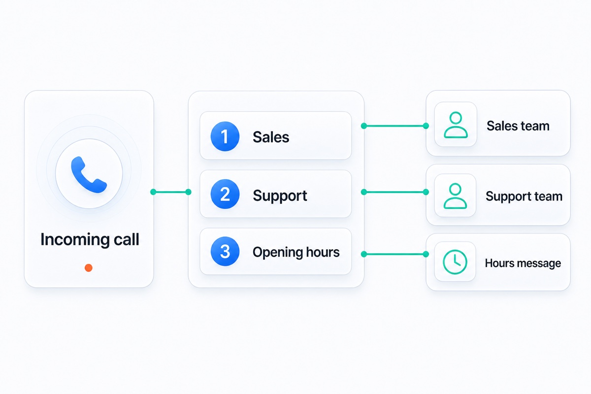 An example call flow routes an incoming call to sales, support, or an opening-hours message.