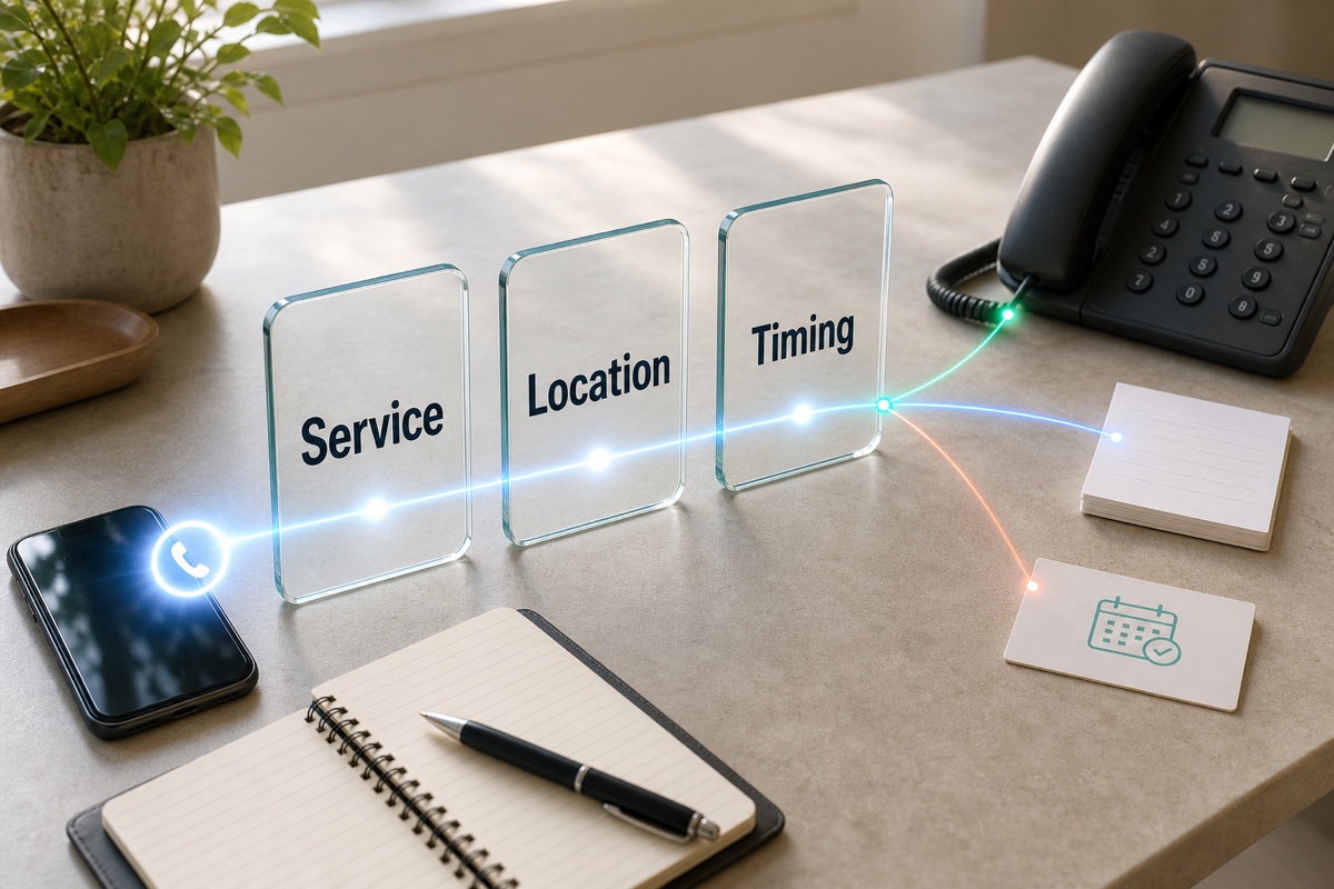 An incoming call moving through three clear question stages before branching toward a person, message, or scheduling path.