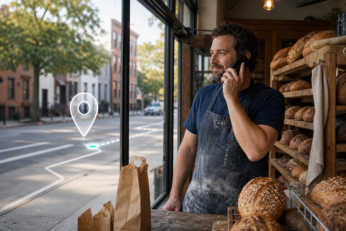 A neighborhood business owner answering a customer call beside a storefront and a subtle local map marker.