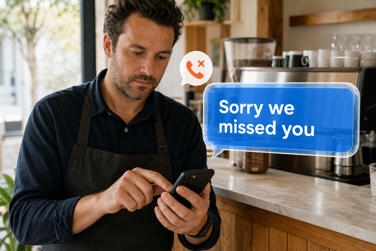 A café owner reviewing a missed call and deliberately sending a short follow-up message from a real phone.