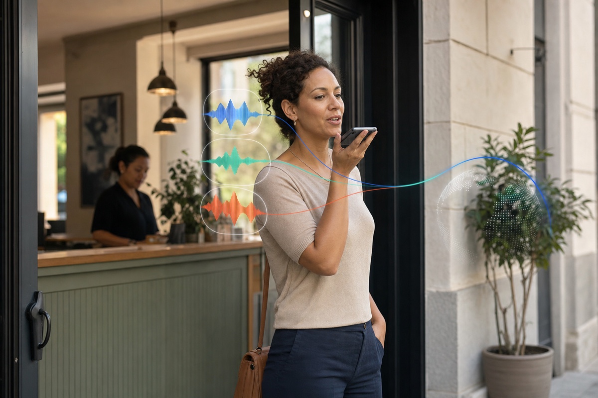 A customer speaking on a phone as three colored audio paths connect toward a globe.