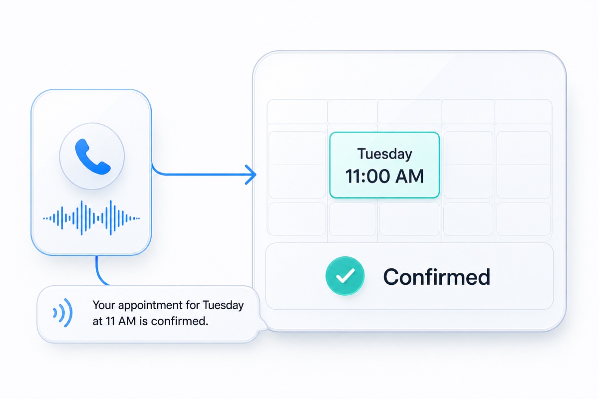 A glossy voice-call flow connects to a Tuesday 11 AM calendar slot and an appointment confirmation.