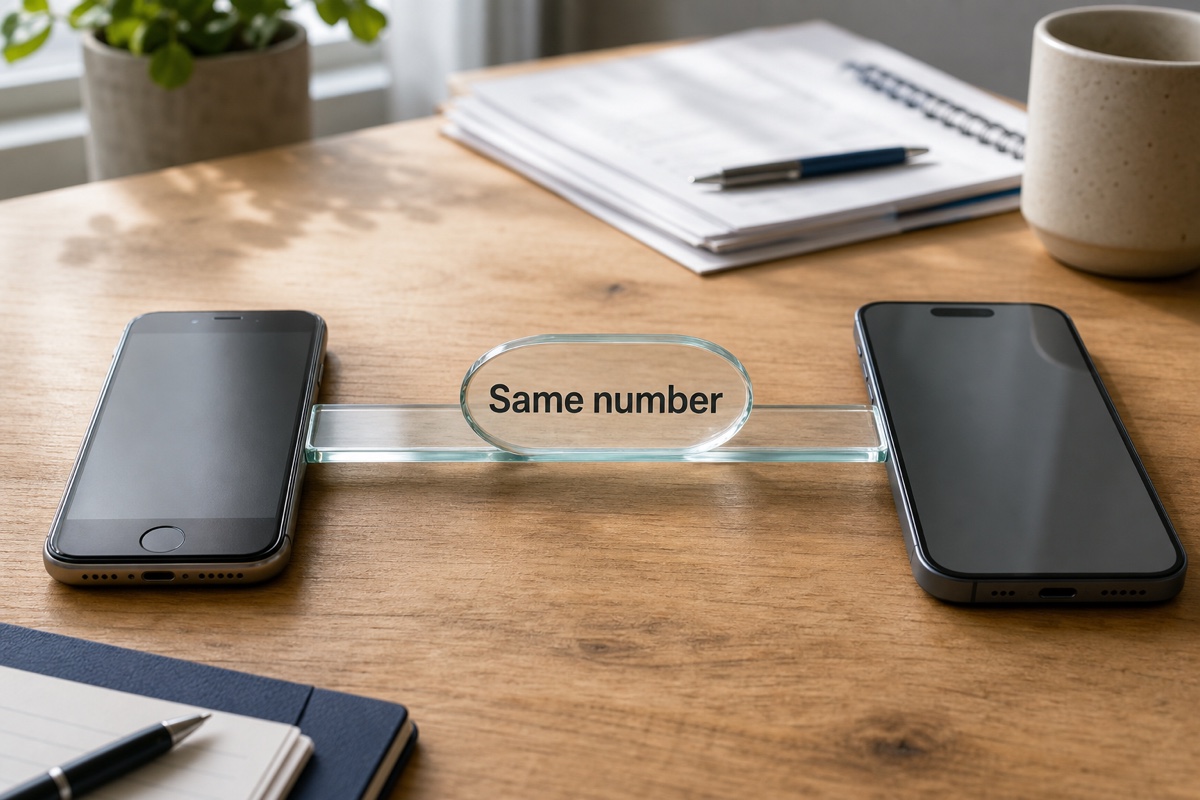 One unchanged phone-number token moving across a clear bridge from one business phone to another.
