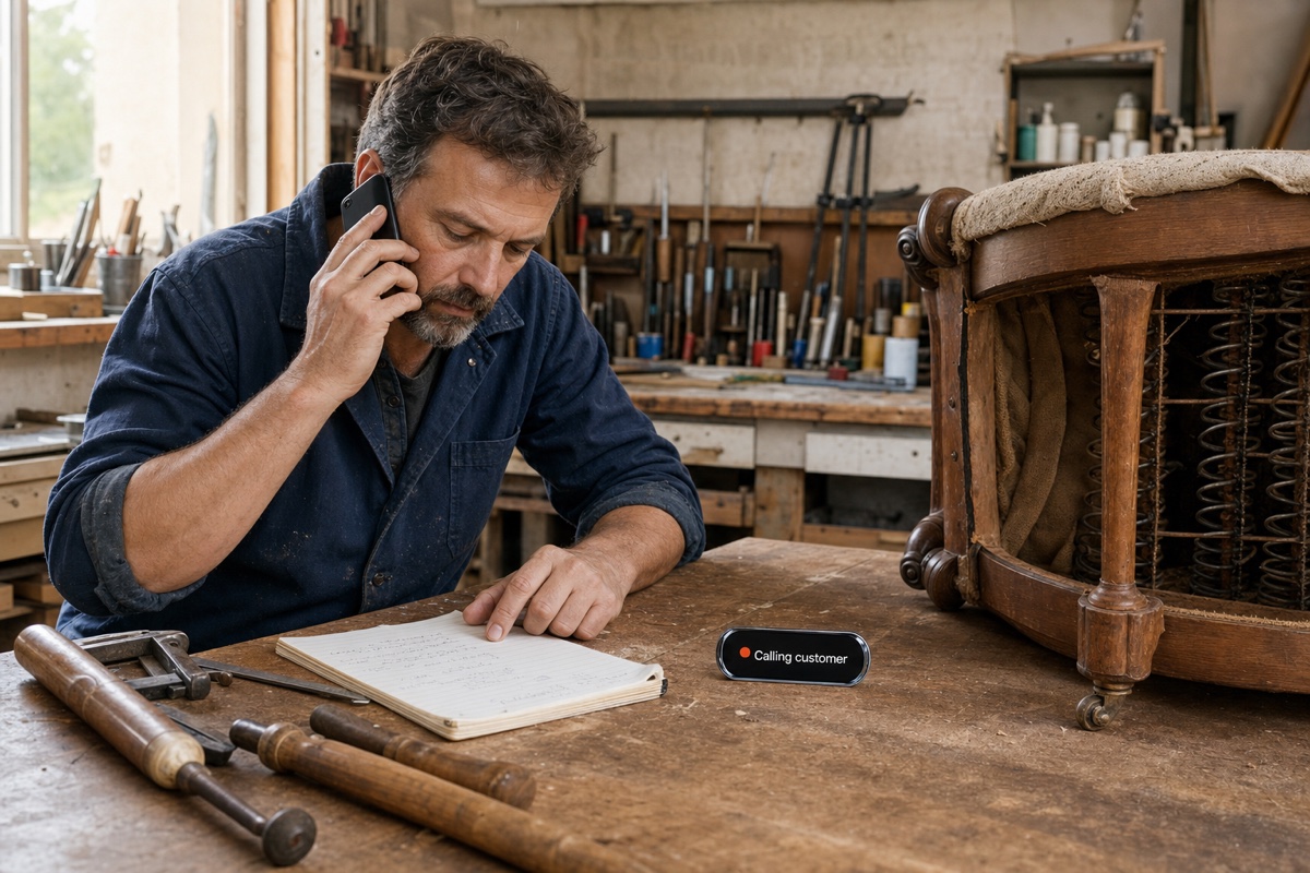 A workshop owner reviewing a customer job sheet and placing a practical callback from a smartphone.