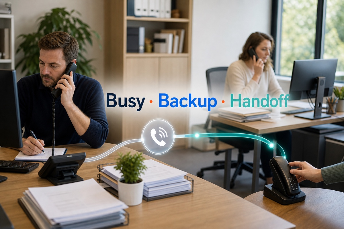 Two busy staff members already on calls while another incoming call follows a clearly separated backup path.