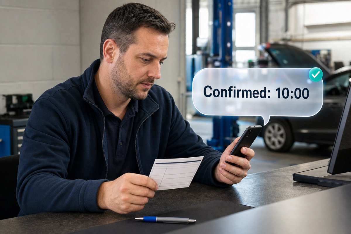 A service coordinator checking agreed appointment details and sending a concise confirmation message.