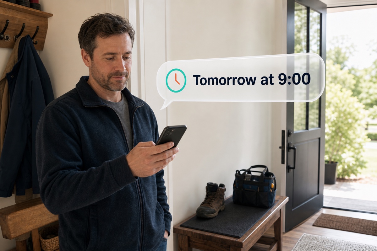 A homeowner preparing for a scheduled service visit while reading a short reminder on a real phone.