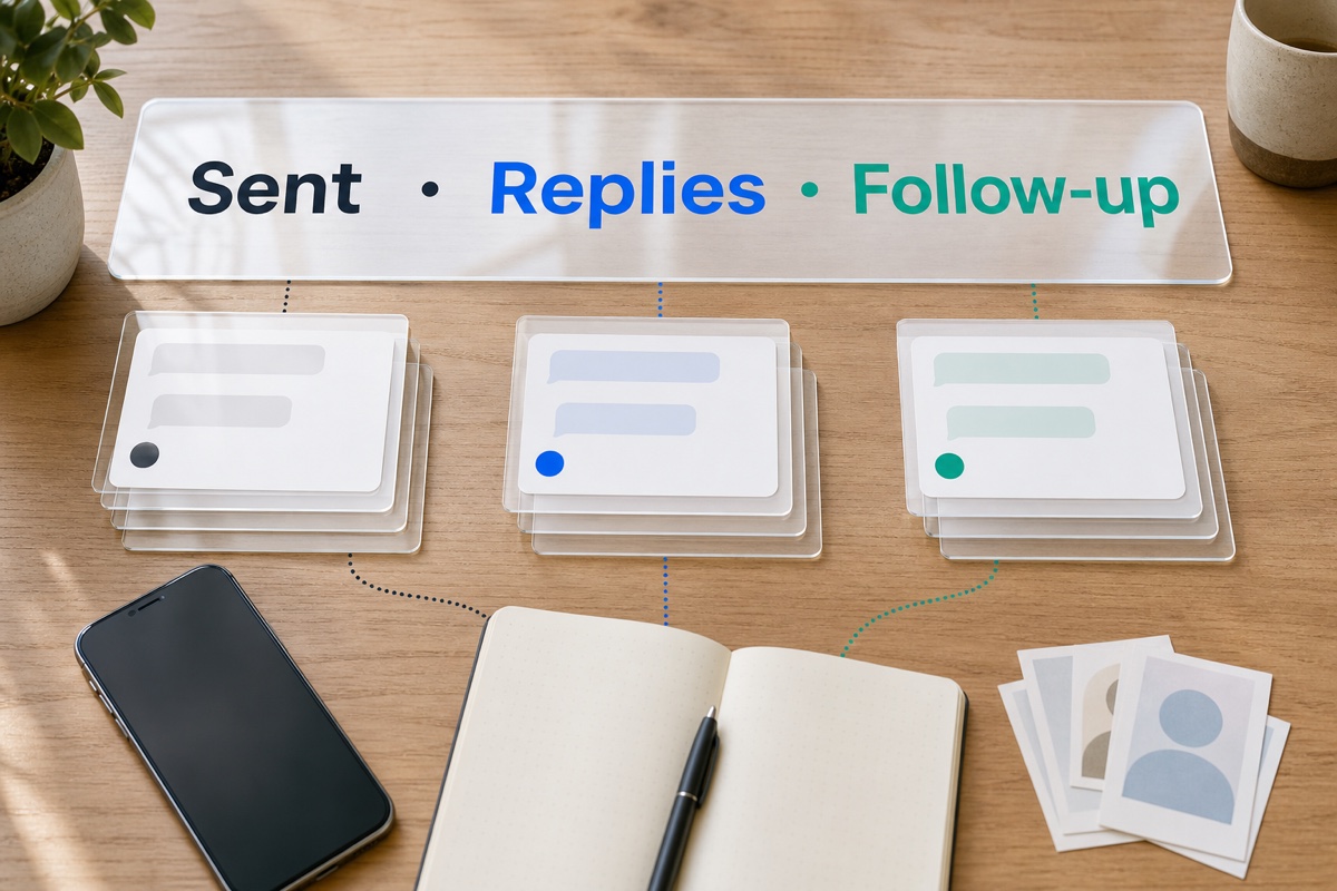 A few large message cards organized into clear follow-up groups beside a phone and notebook.