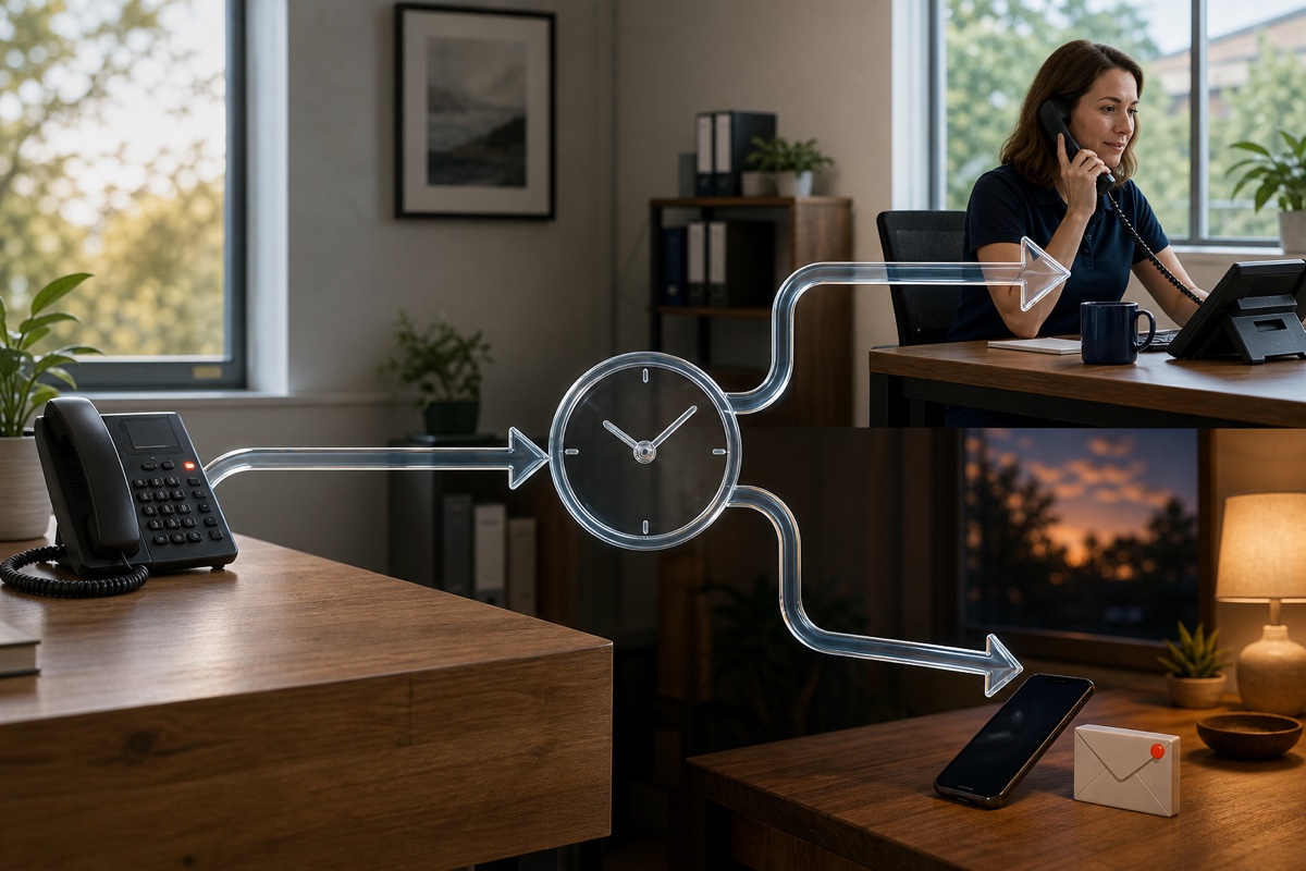 A clock dividing one incoming call into a daytime office-phone route and an evening mobile route.