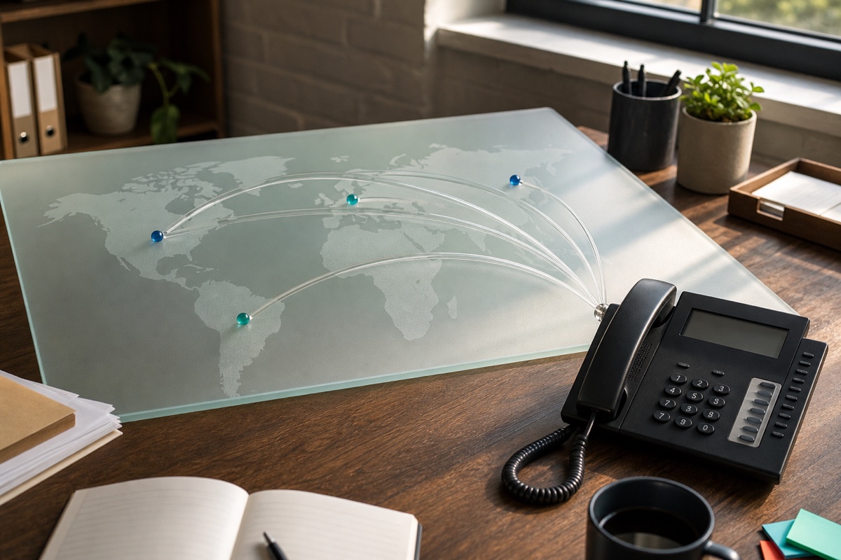 Calls from several distant locations converging on one physical business phone at a small-company desk.