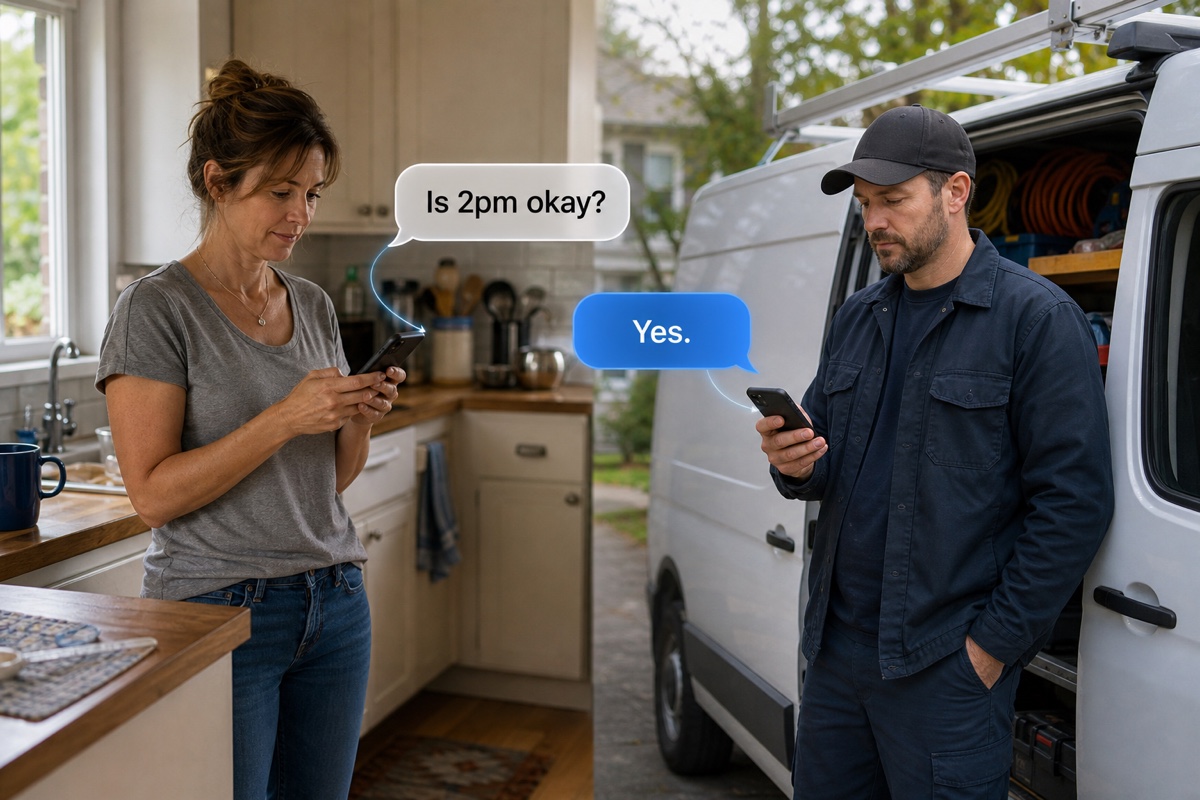 A customer and service professional exchanging two concise messages between their real phones.
