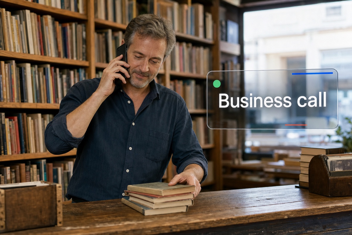 A small-business owner answering a business call on an everyday smartphone behind the counter.