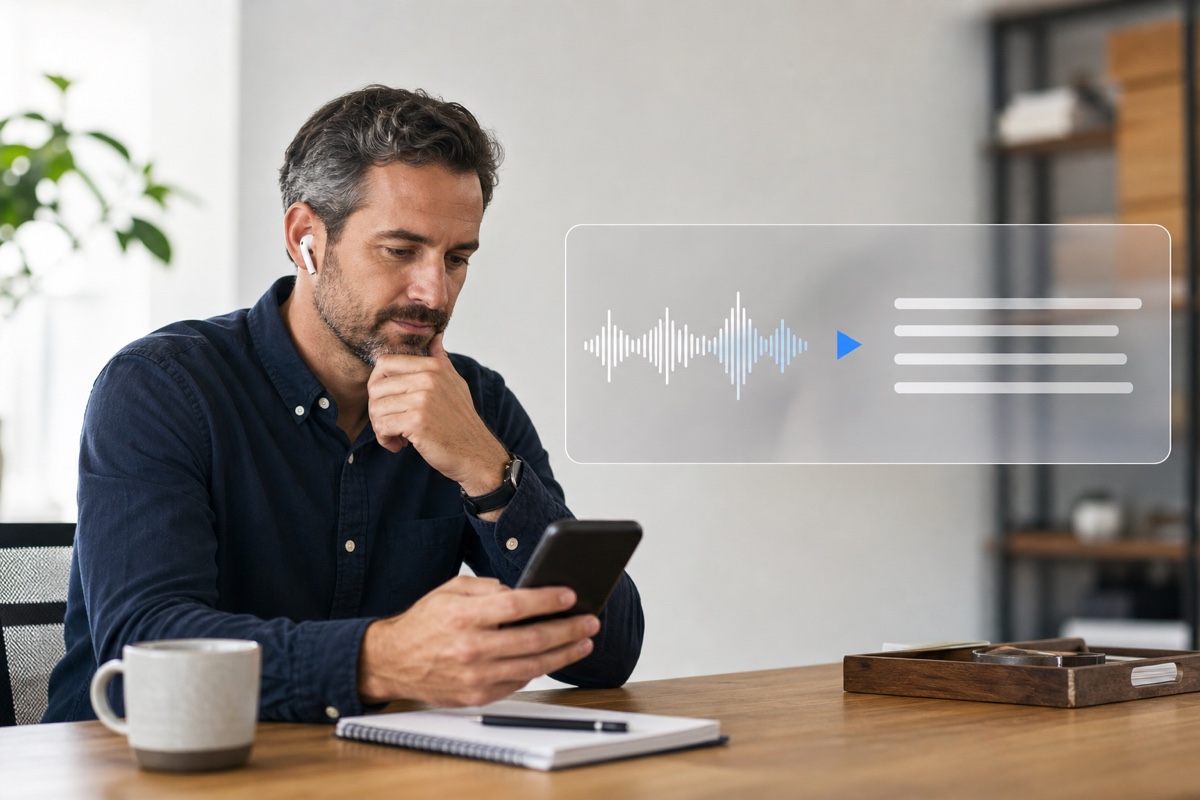 A business owner reviewing a voicemail as its audio waveform becomes a few clear lines of text.