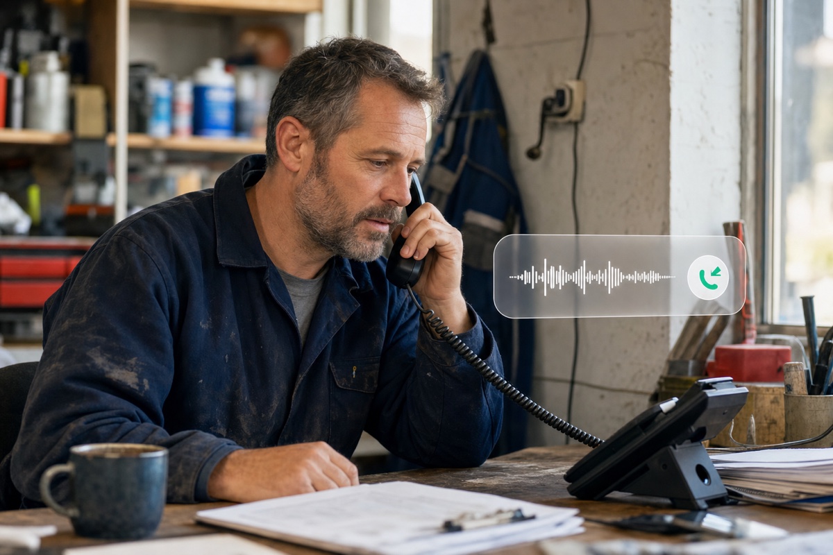 A tradesperson listening to a saved business message on a desk phone with one restrained audio waveform.