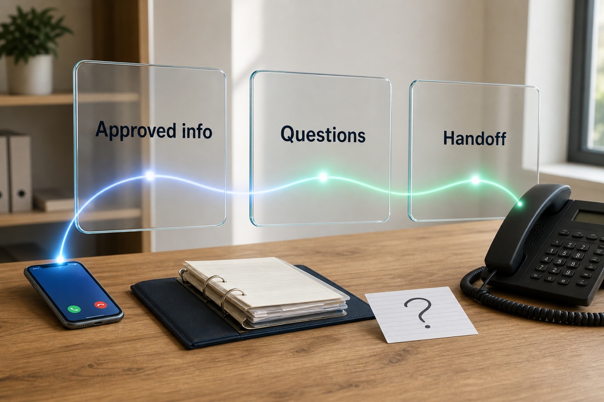 An incoming business call moving through approved information, questions, and a clear human handoff path.