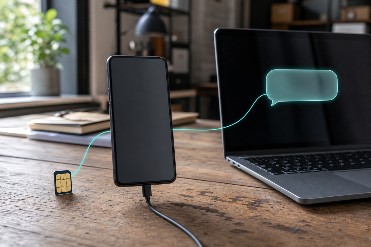 An unbranded Android phone, physical SIM, and laptop connected by one restrained business-message path.